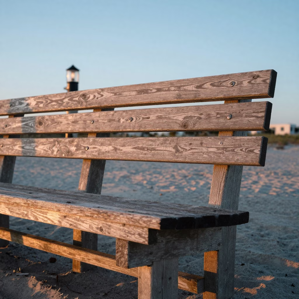 Nautical Dawn Light on Miami Beach Bench with Scratched Wood and Gate Handle Detail in in Miami, Florida, United States