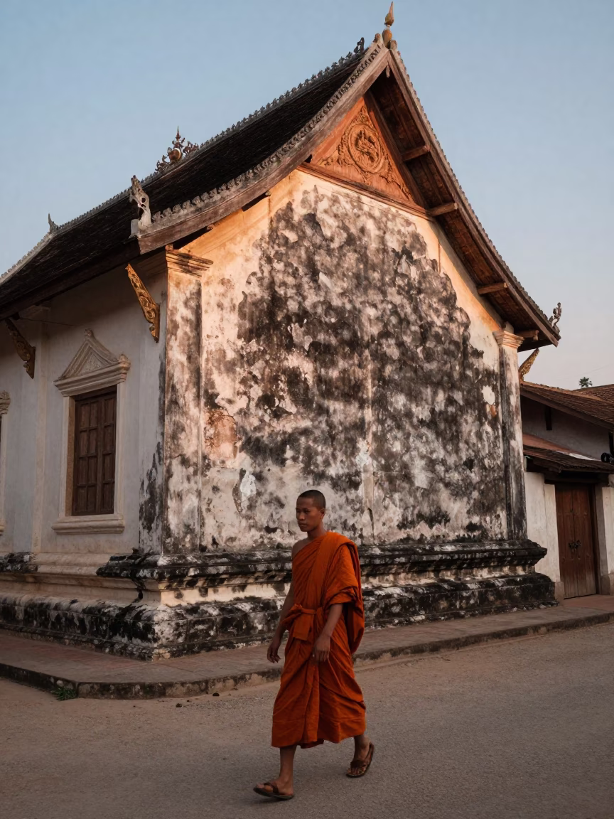 Nautical Dawn Light on Monks in Luang Prabang in in Luang Prabang, Laos