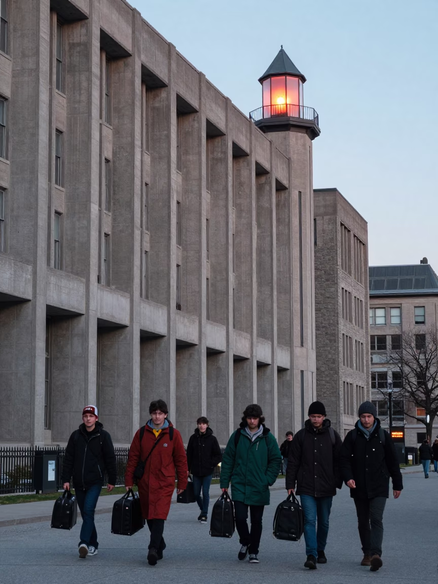 Nautical Dawn Light on Montreal Brutalist University Architecture with Students Carrying Luggage in in Montreal, Quebec, Canada