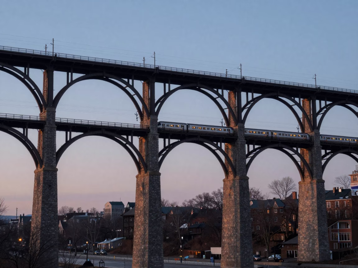 Nautical Dawn Light on Montreal Railway Viaduct Arches with Passing Train in in Montreal, Quebec, Canada
