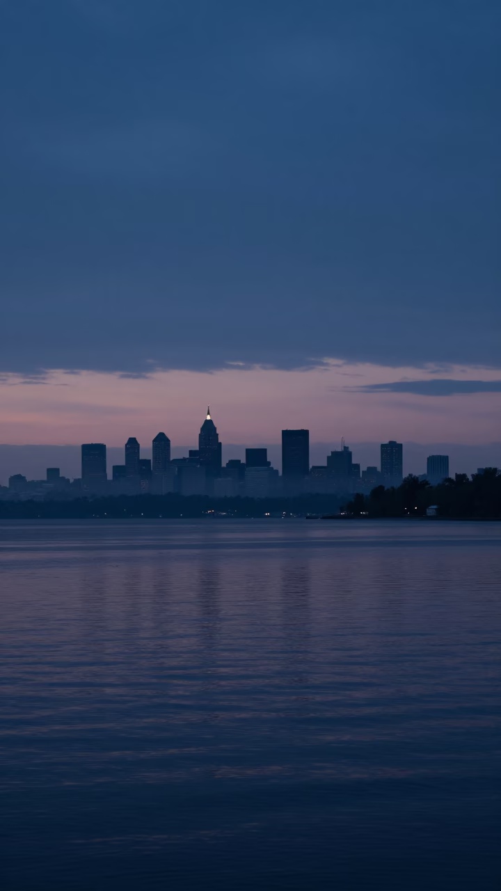 Nautical Dawn Light on Montreal Skyline and St Lawrence River Mist in in Montreal, Quebec, Canada