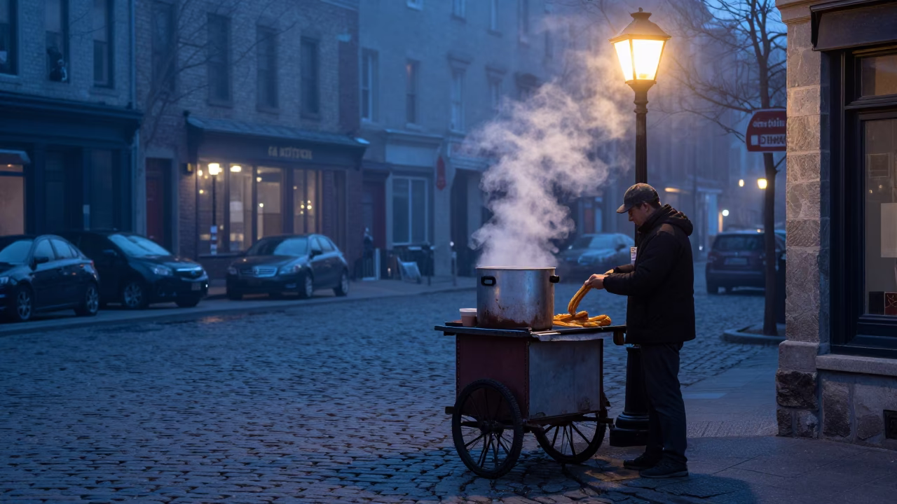 Nautical Dawn Light on Montreal Street Corner with Churros and Hot Chocolate in in Montreal, Quebec, Canada