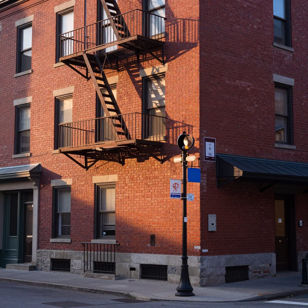 Nautical Dawn Light on Montreal Street Corner with Coffee Cup and Brick Architecture in in Montreal, Quebec, Canada