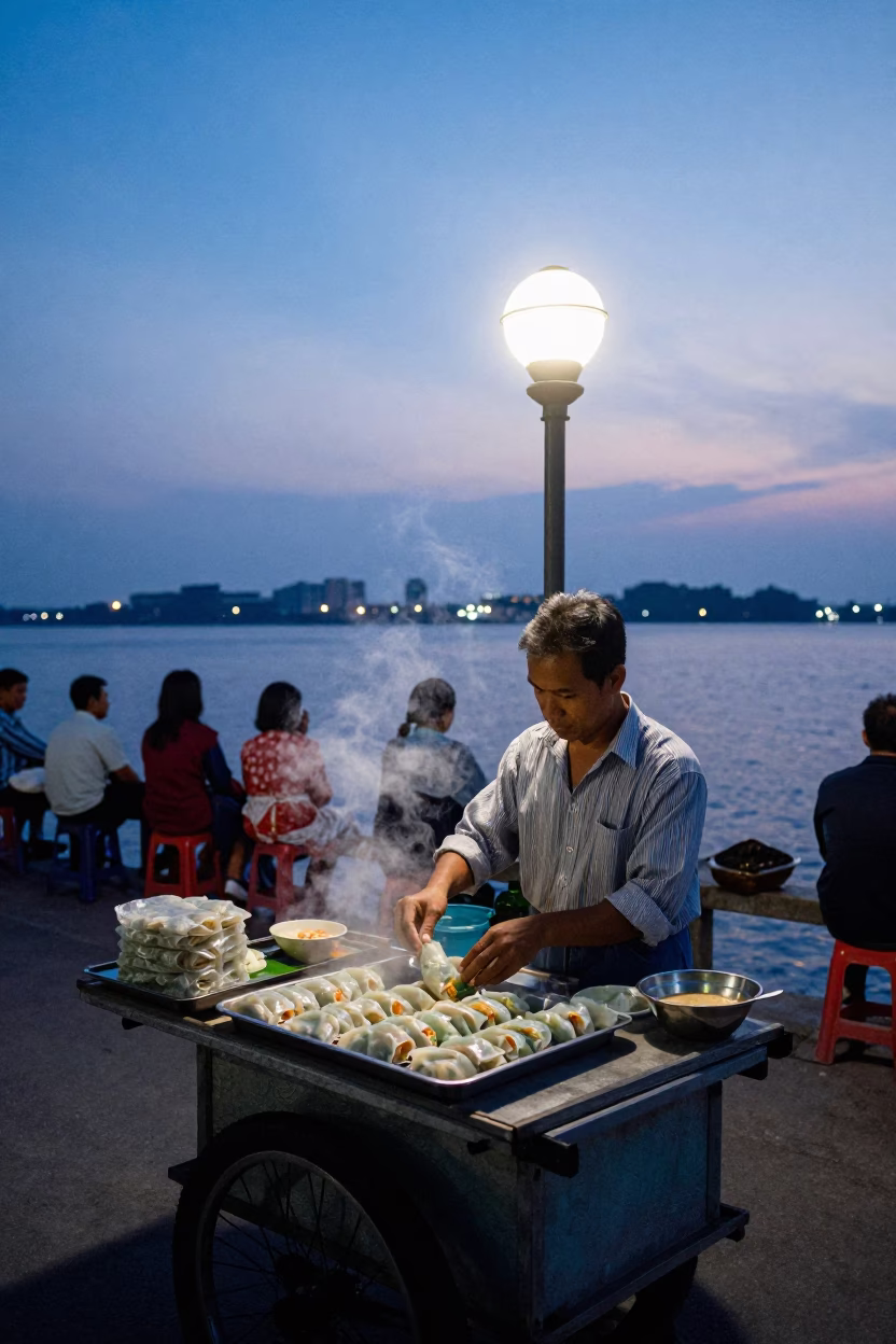 Nautical Dawn Light on Morning Customers in Hanoi in in Hanoi, Vietnam