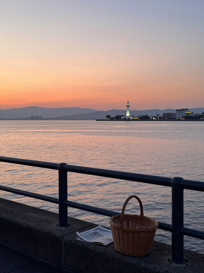 Nautical Dawn Light on Osaka Bay Waterfront with Distant Skyline and Foreground Pier Details in in Osaka, Japan