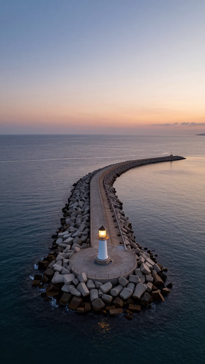 Nautical Dawn Light on Palermo Harbor Breakwater and Coastal Street Scene in in Palermo, Italy