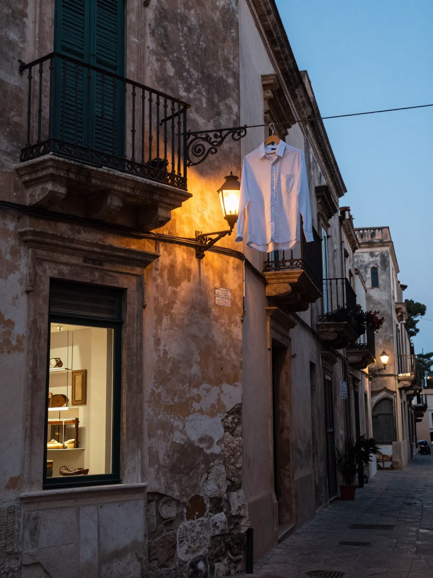 Nautical Dawn Light on Palermo Street Corner with Hanging Linen and Urban Detail in in Palermo, Italy