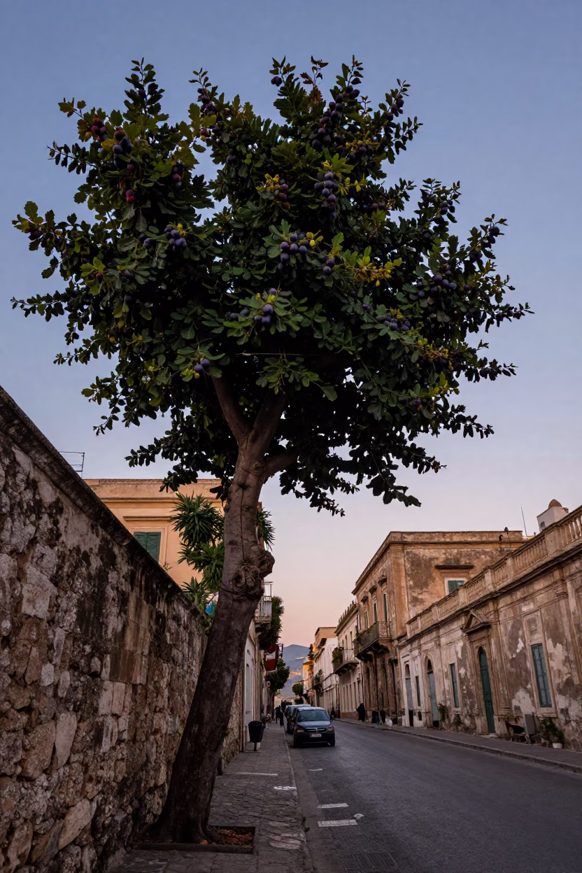 Nautical Dawn Light on Palermo Street with Fig Tree and Sun Stripe in in Palermo, Italy
