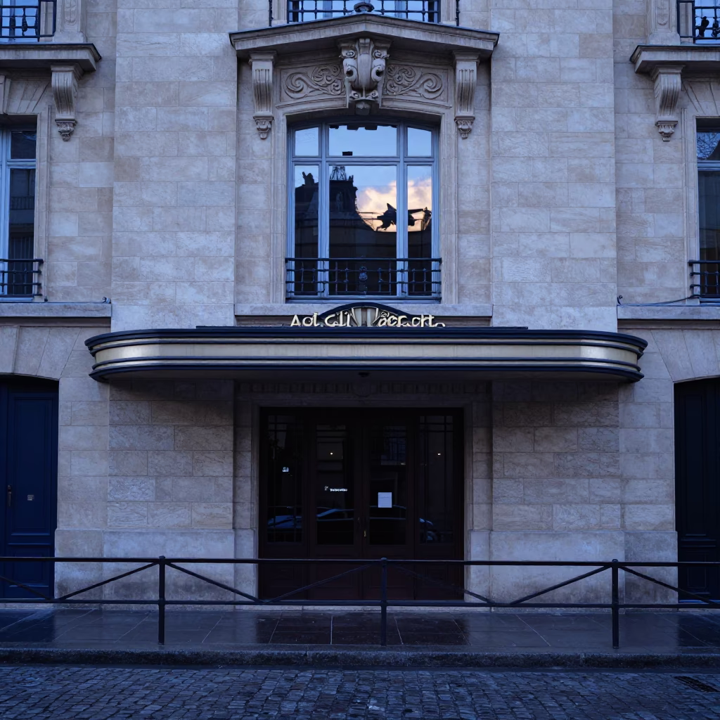 Nautical Dawn Light on Parisian Art Deco Cinema Facade and Quiet Street Corner in in Paris, France
