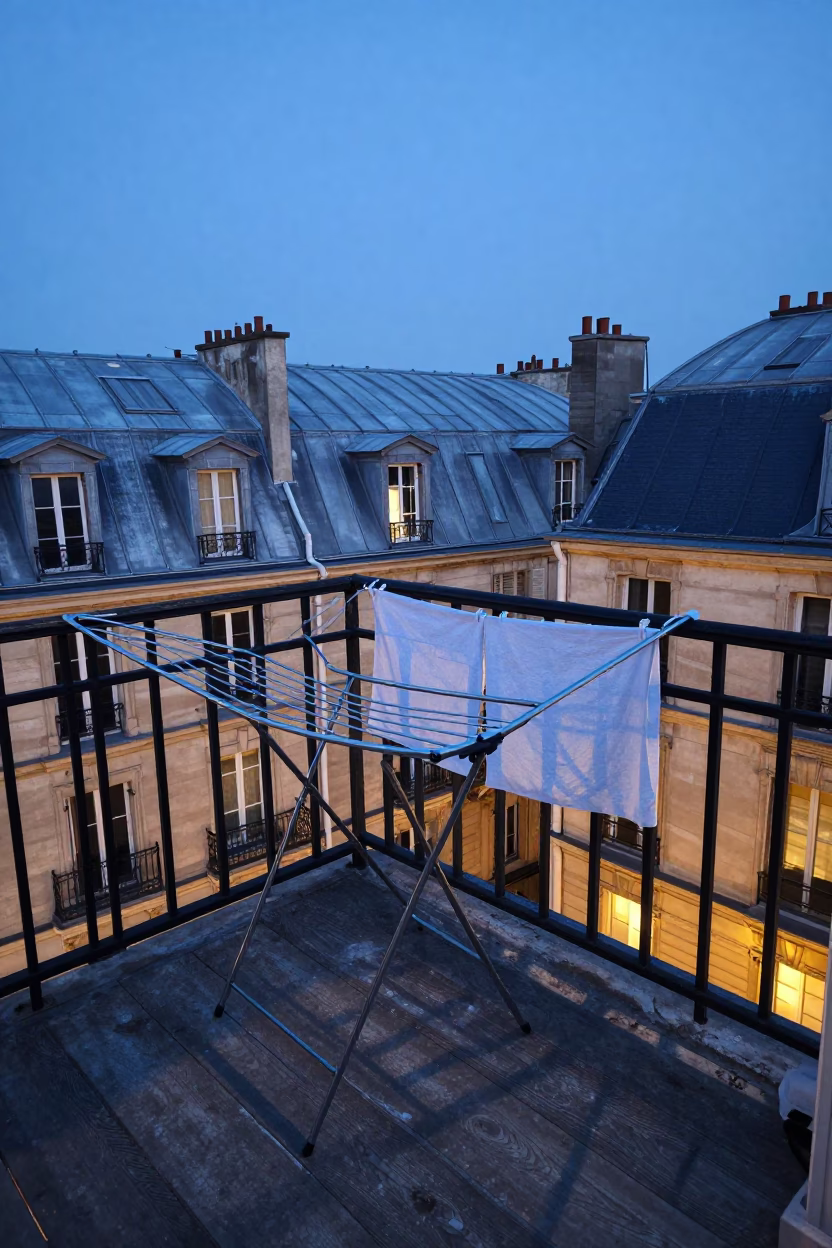 Nautical Dawn Light on Parisian Balcony with Drying Rack and Cityscape in in Paris, France