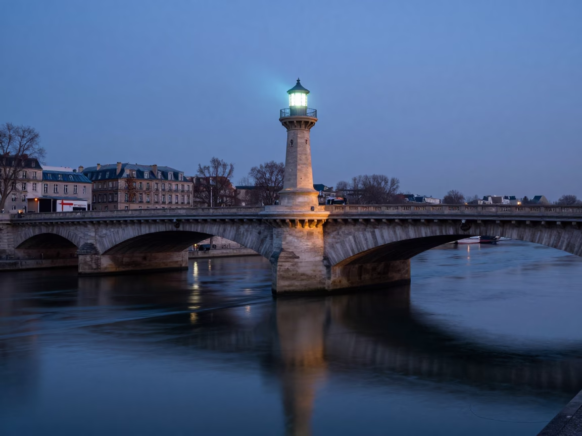 Nautical Dawn Light on Parisian Bridge Pier and Still Water Reflections in in Paris, France