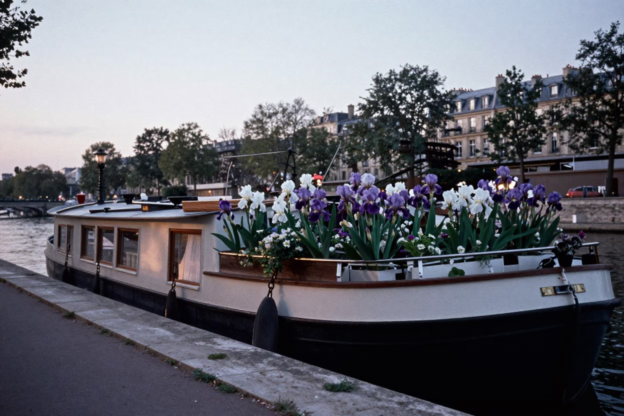Nautical Dawn Light on Parisian Canal with Houseboat and Iris Blossoms in in Paris, France