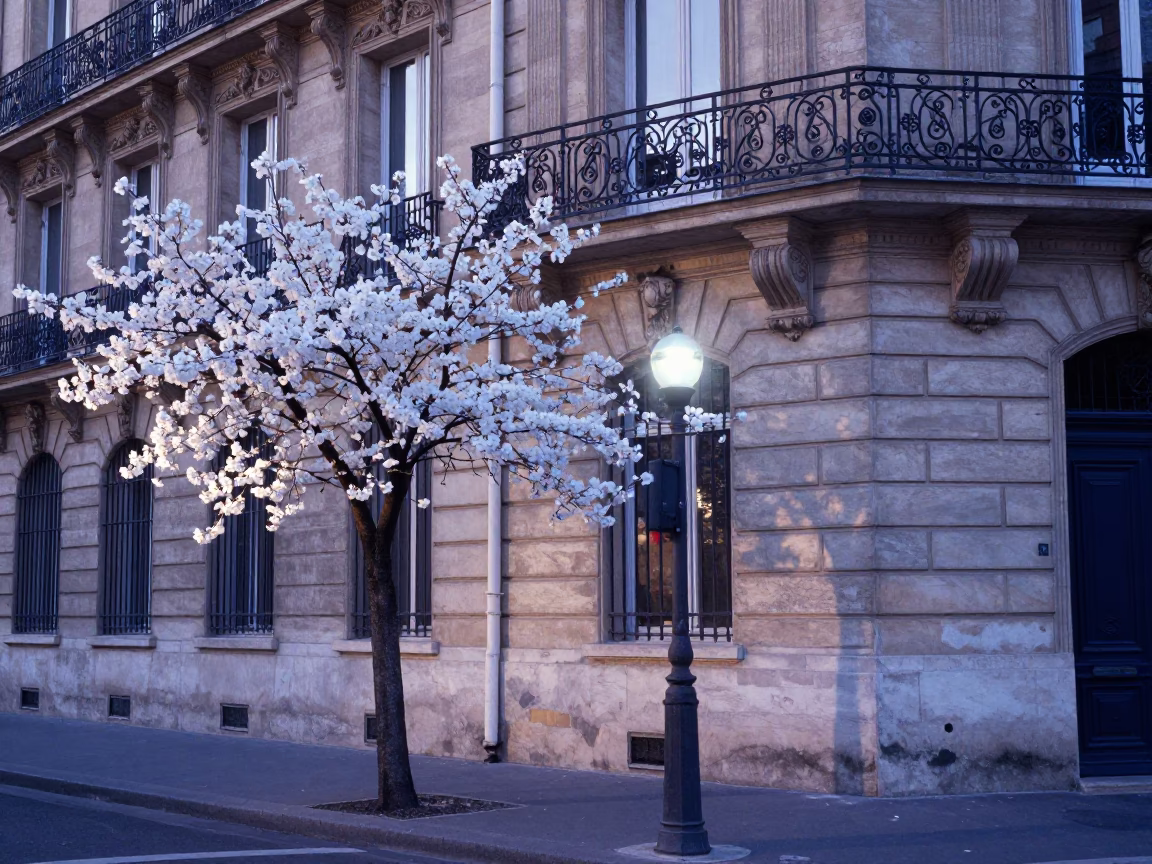 Nautical Dawn Light on Parisian Street with White Blossoms and Brushed Steel Facade in in Paris, France