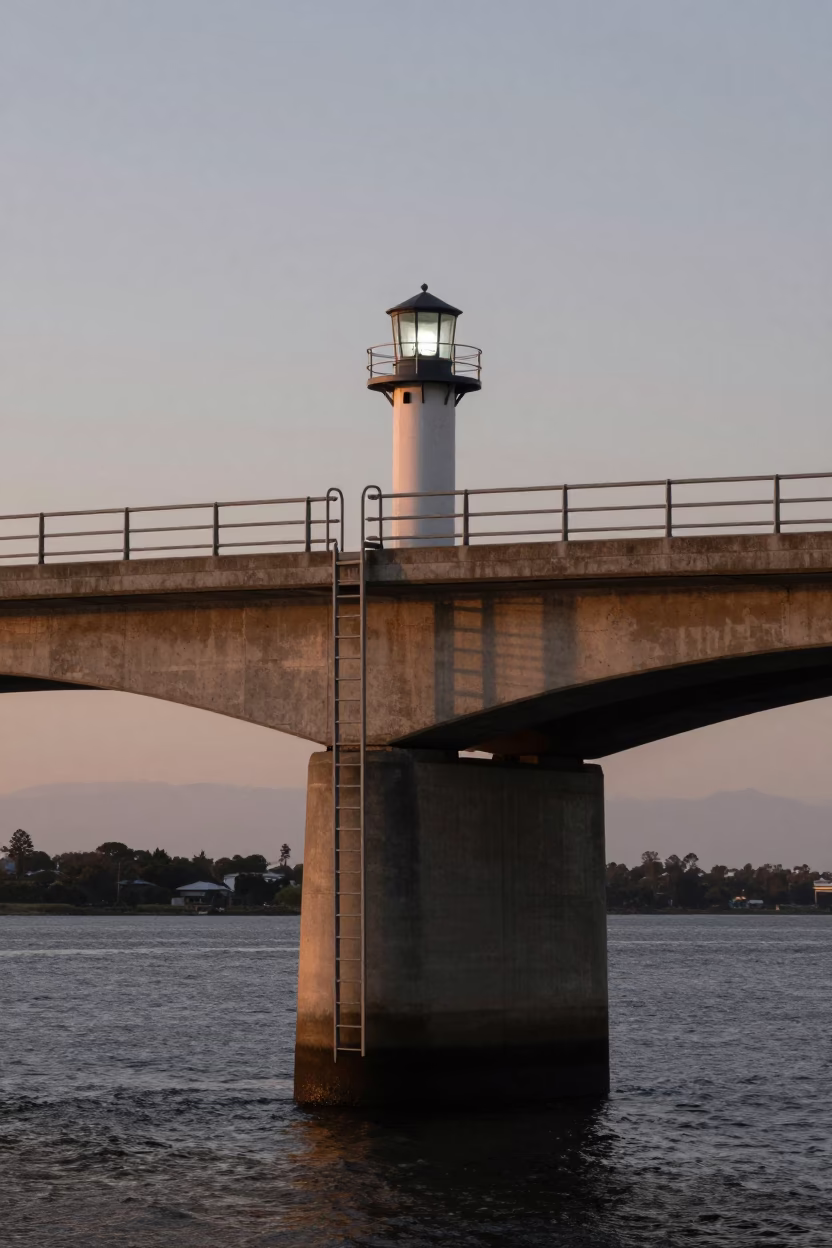 Nautical Dawn Light on Perth River Bridge Pier Ladder and Estuary Water in in Perth, Western Australia, Australia