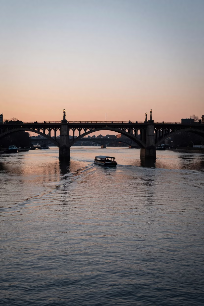 Nautical Dawn Light on Philadelphia Riverfront with Punt Under Gothic Stone Bridge in in Philadelphia, Pennsylvania, United States