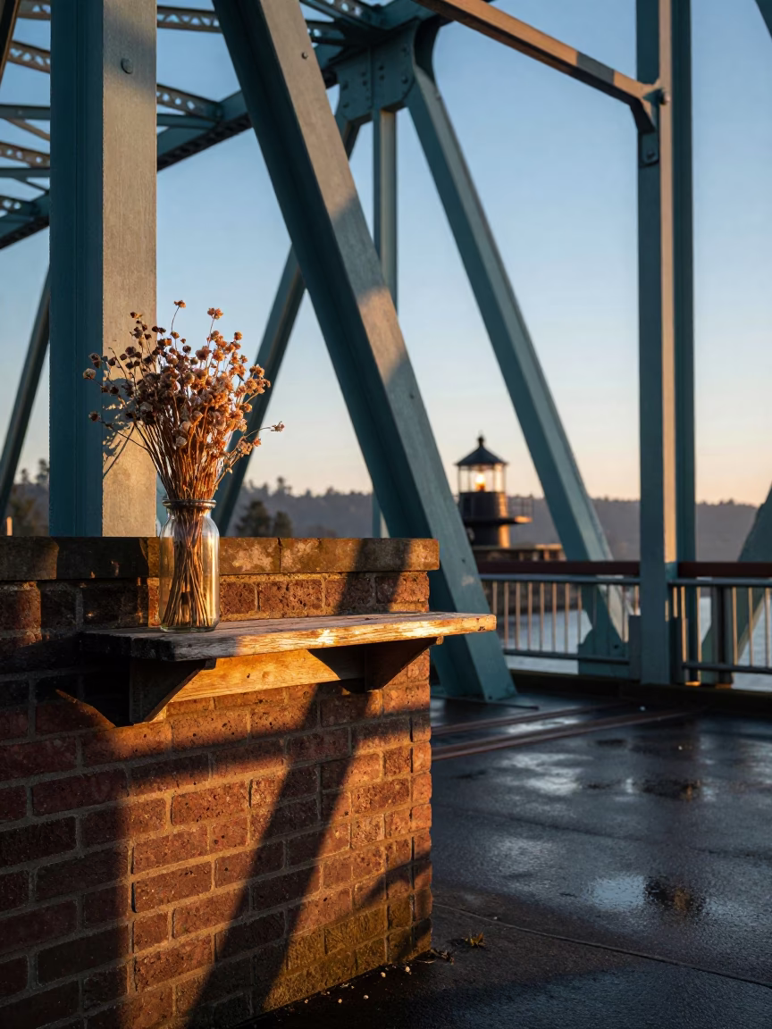 Nautical Dawn Light on Portland Bridge with Dried Flowers and Tea Strainer in in Portland, Oregon, United States