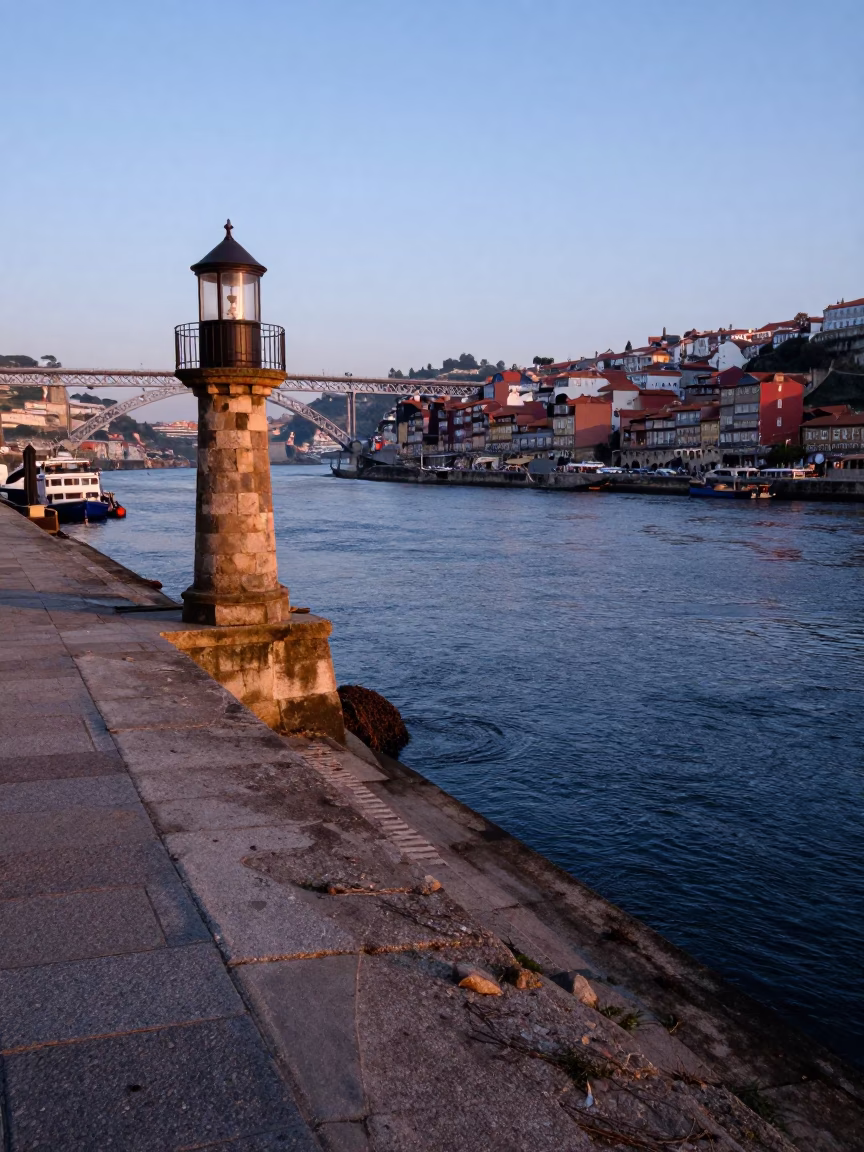 Nautical Dawn Light on Porto Douro Riverfront Stone Quayside in in Porto, Portugal