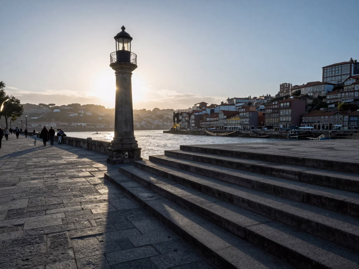 Nautical Dawn Light on Porto Riverfront Stone Steps and Traditional Tram Tracks in in Porto, Portugal