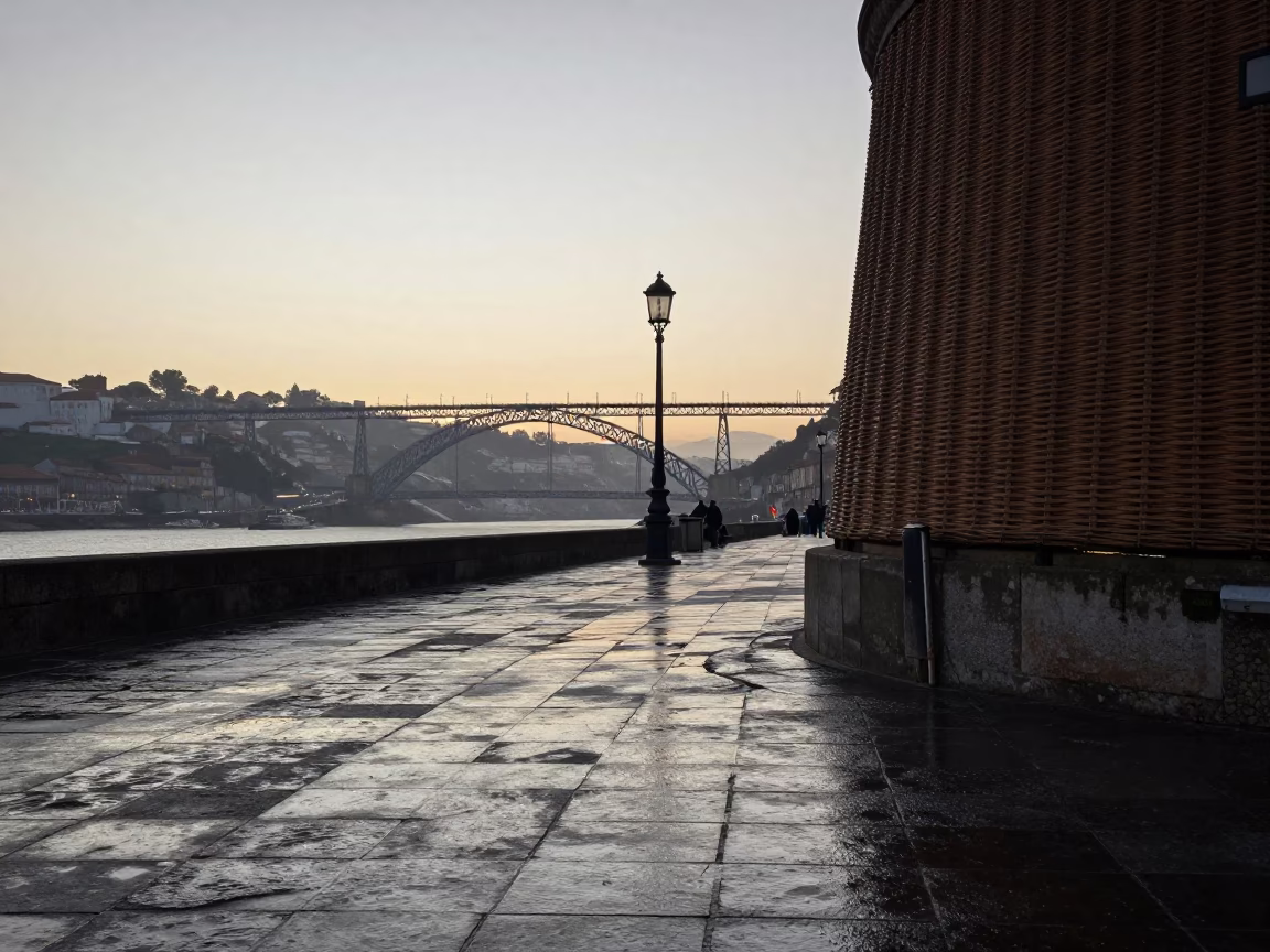 Nautical Dawn Light on Porto Riverfront Tiles with Wicker Shadow and Water Rings in in Porto, Portugal