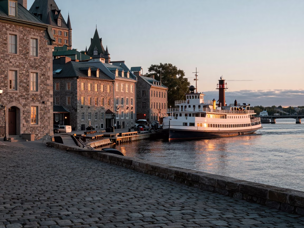 Nautical Dawn Light on Quebec City Stone Facades and River Activity in in Quebec City, Quebec, Canada