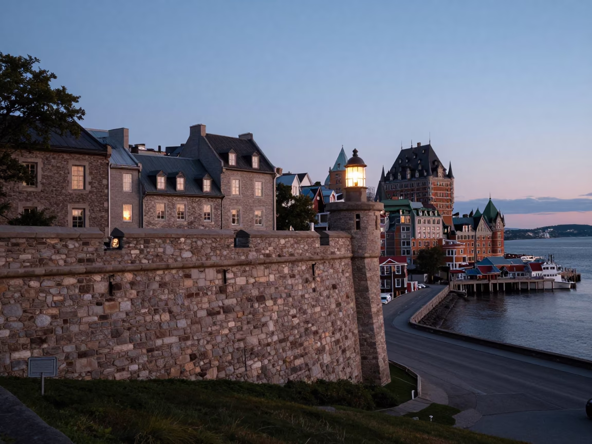 Nautical Dawn Light on Quebec City Stone Walls and Harbor Water in in Quebec City, Quebec, Canada