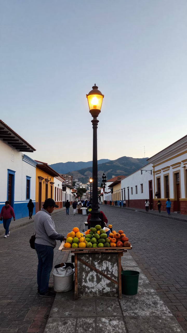 Nautical Dawn Light on Quito Ecuador Street with Colorful Local Market Activity in in Quito, Ecuador