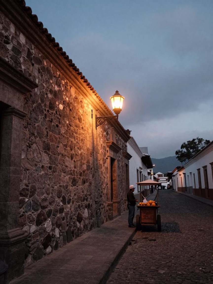 Nautical Dawn Light on Quito Street Corner with Sun-Warmed Stone Wall in in Quito, Ecuador
