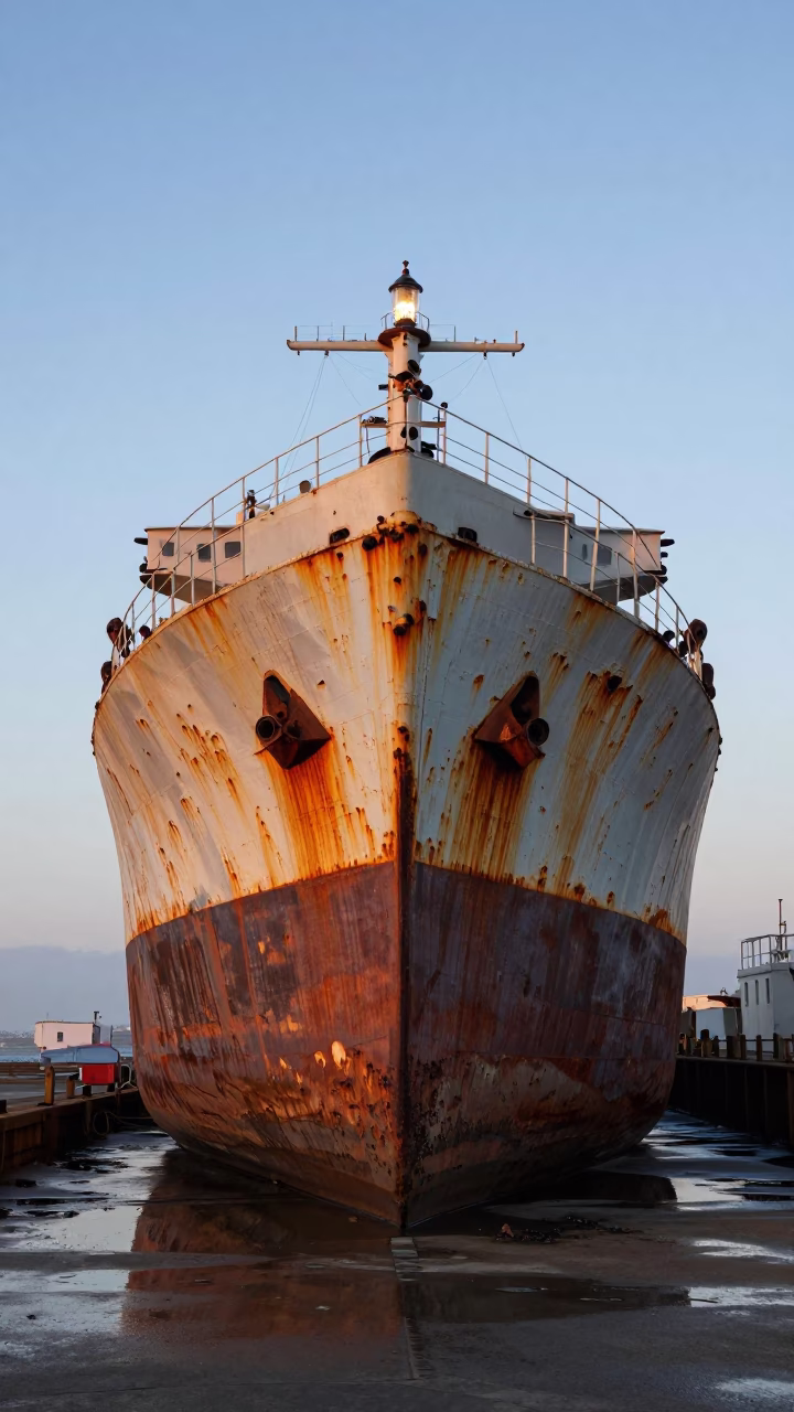 Nautical Dawn Light on Rusting Ship Hull in San Diego Dry Dock in in San Diego, California, United States