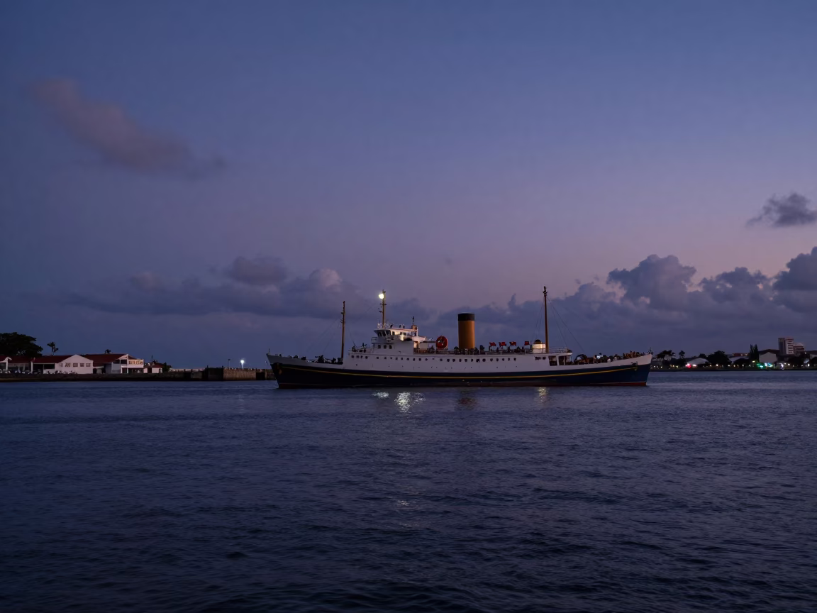 Nautical Dawn Light on Salvador Brazil Harbor with Steamship and Lantern Reflections in in Salvador, Brazil