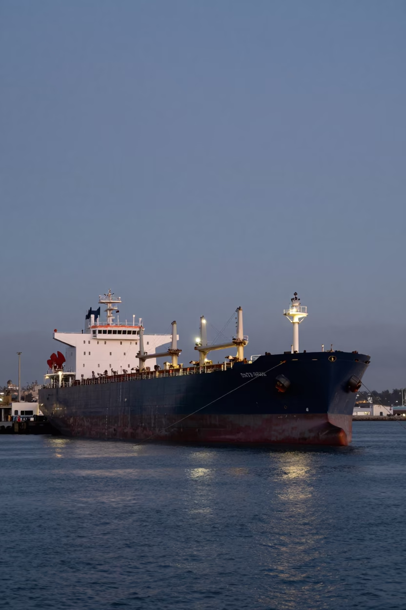 Nautical Dawn Light on San Diego Harbor Tanker Ship Docked at Refinery in in San Diego, California, United States
