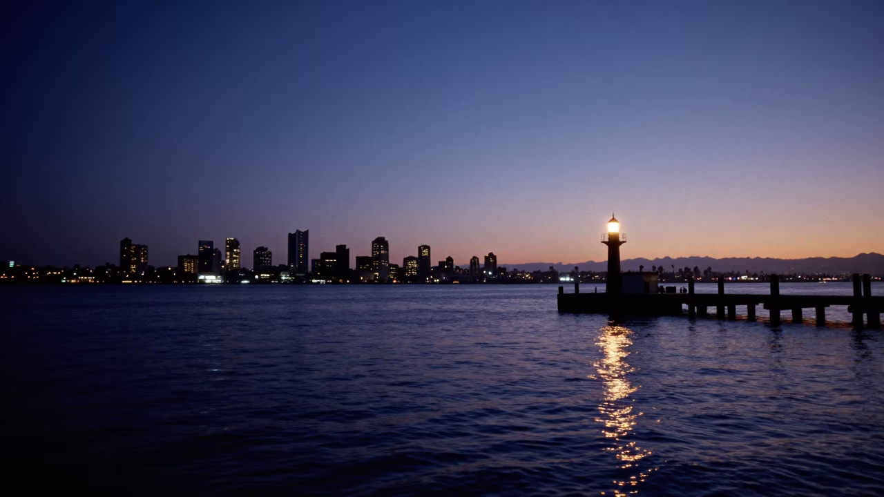 Nautical Dawn Light on San Diego Harbor with Iron Hook and Water Ripples in in San Diego, California, United States