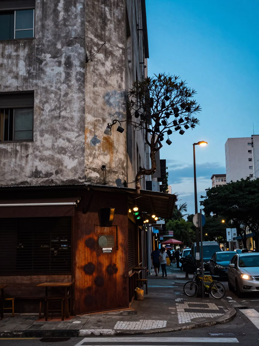 Nautical Dawn Light on São Paulo Street Corner with Rust and Grease Details in in São Paulo, Brazil