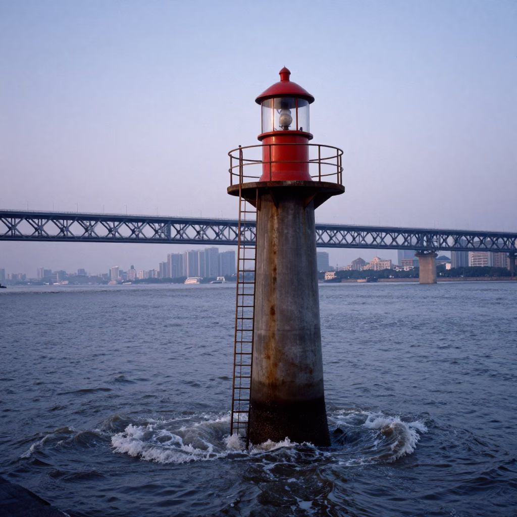 Nautical Dawn Light on Shanghai Bridge Pier Inspection Ladder Over Choppy Estuary Water in in Shanghai, China