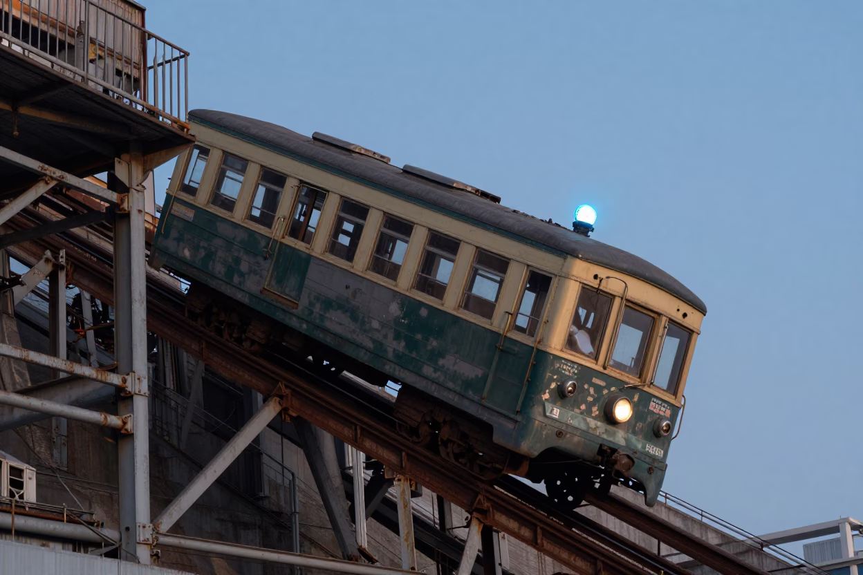 Nautical Dawn Light on Shanghai Funicular Railway Climbing Steep Hill Amidst Urban Transition in in Shanghai, China