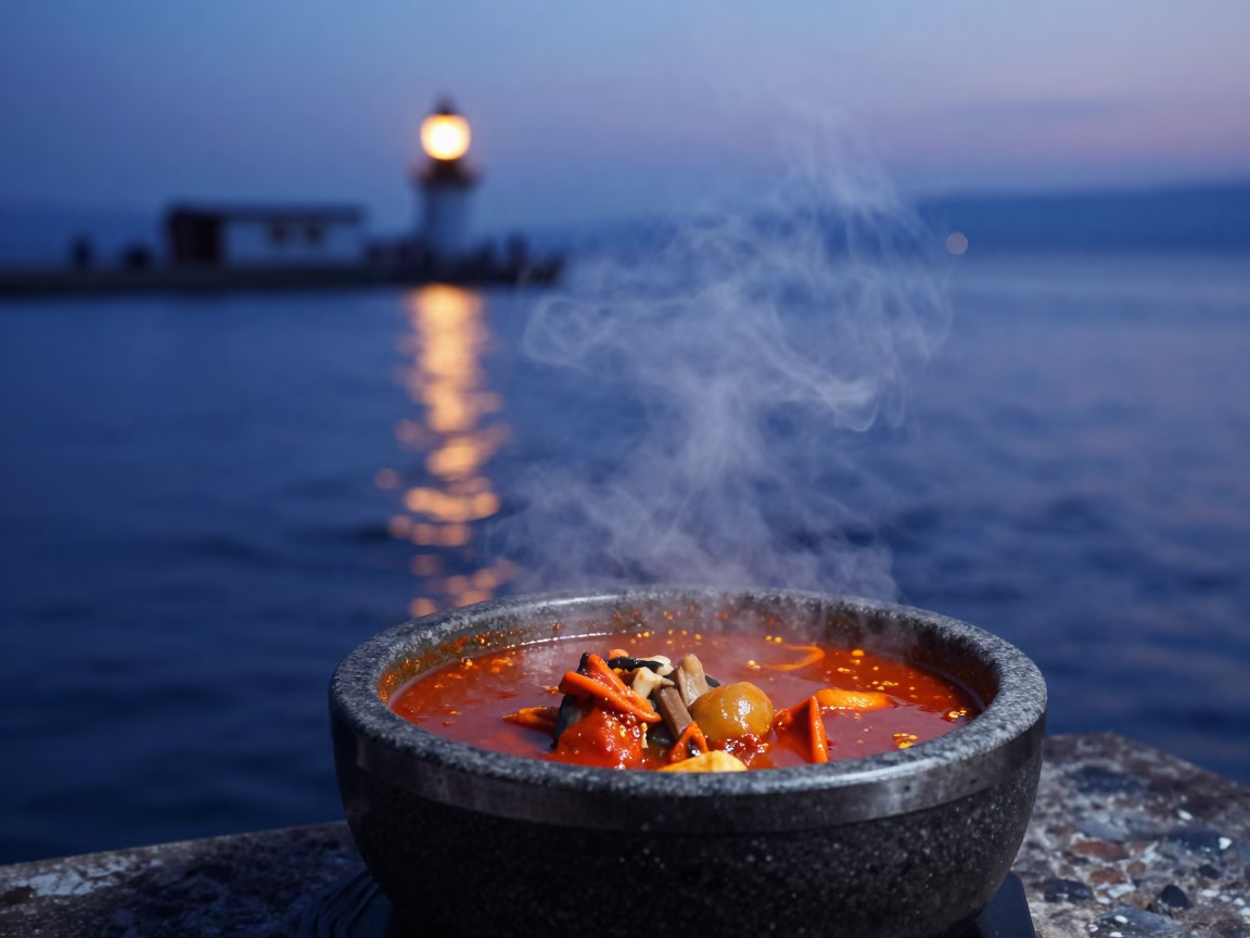 Nautical Dawn Light on Stew Bubbling in Izmir in in Izmir, Turkey