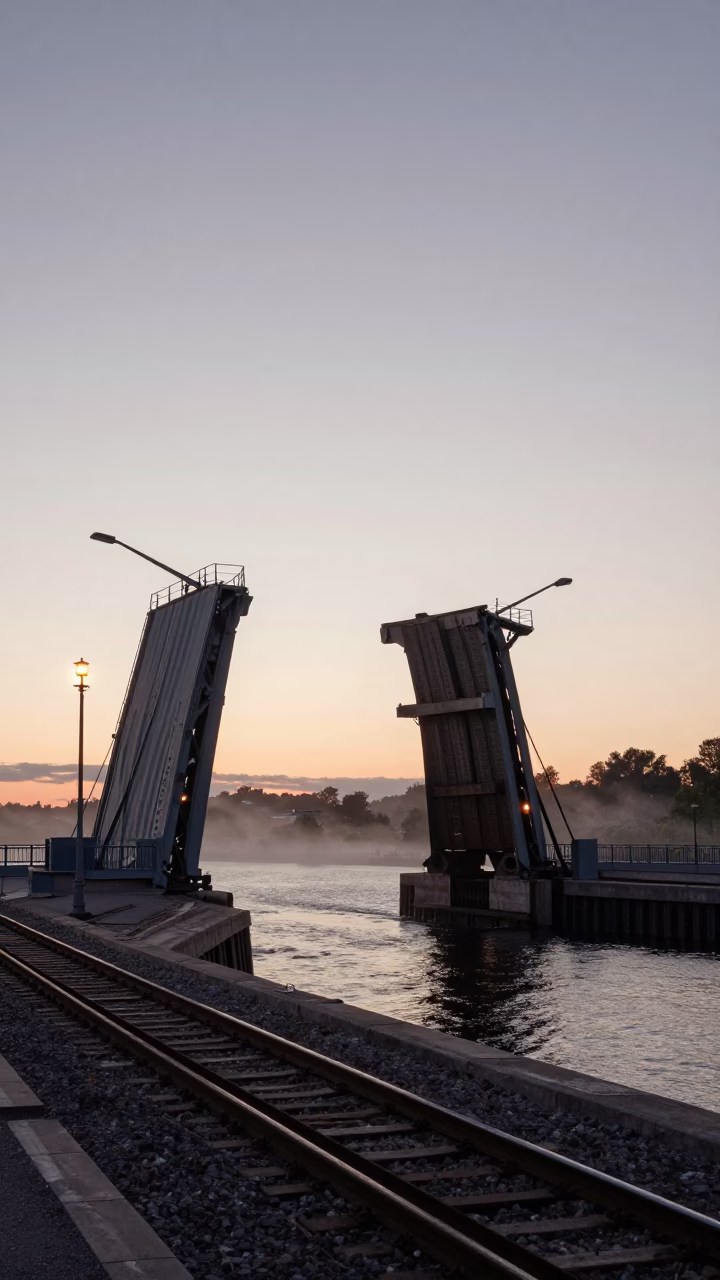 Nautical Dawn Light on Stockholm Drawbridge and Signal Gantry Over Rail Lines in in Stockholm, Sweden