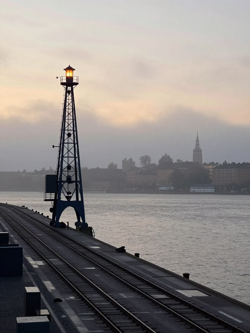 Nautical Dawn Light on Stockholm Harbor Signal Gantry and Rail Lines Mist in in Stockholm, Sweden