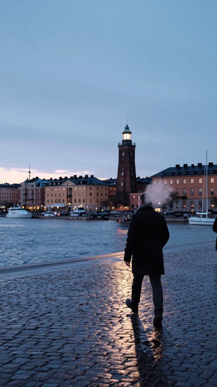 Nautical Dawn Light on Stockholm Harbor Waterfront Promenade and Cobblestone Path in in Stockholm, Sweden