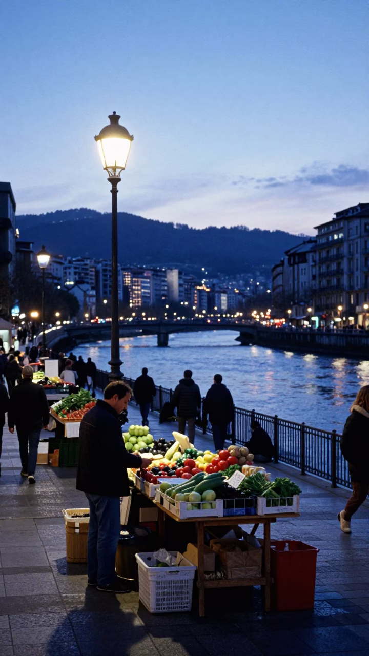 Nautical Dawn Light on Street Scene in Bilbao in in Bilbao, Spain