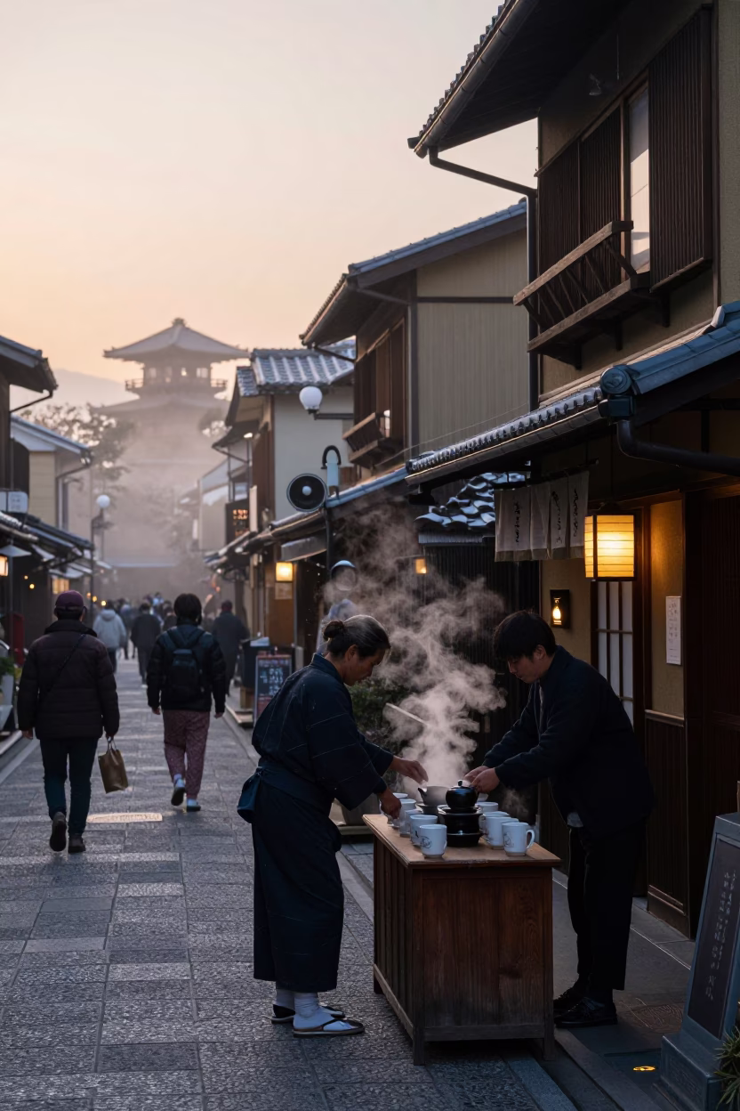 Nautical Dawn Light on Street Scene in Kyoto in in Kyoto, Japan