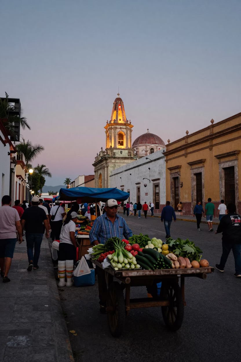 Nautical Dawn Light on Street Scene in Oaxaca in in Oaxaca, Mexico