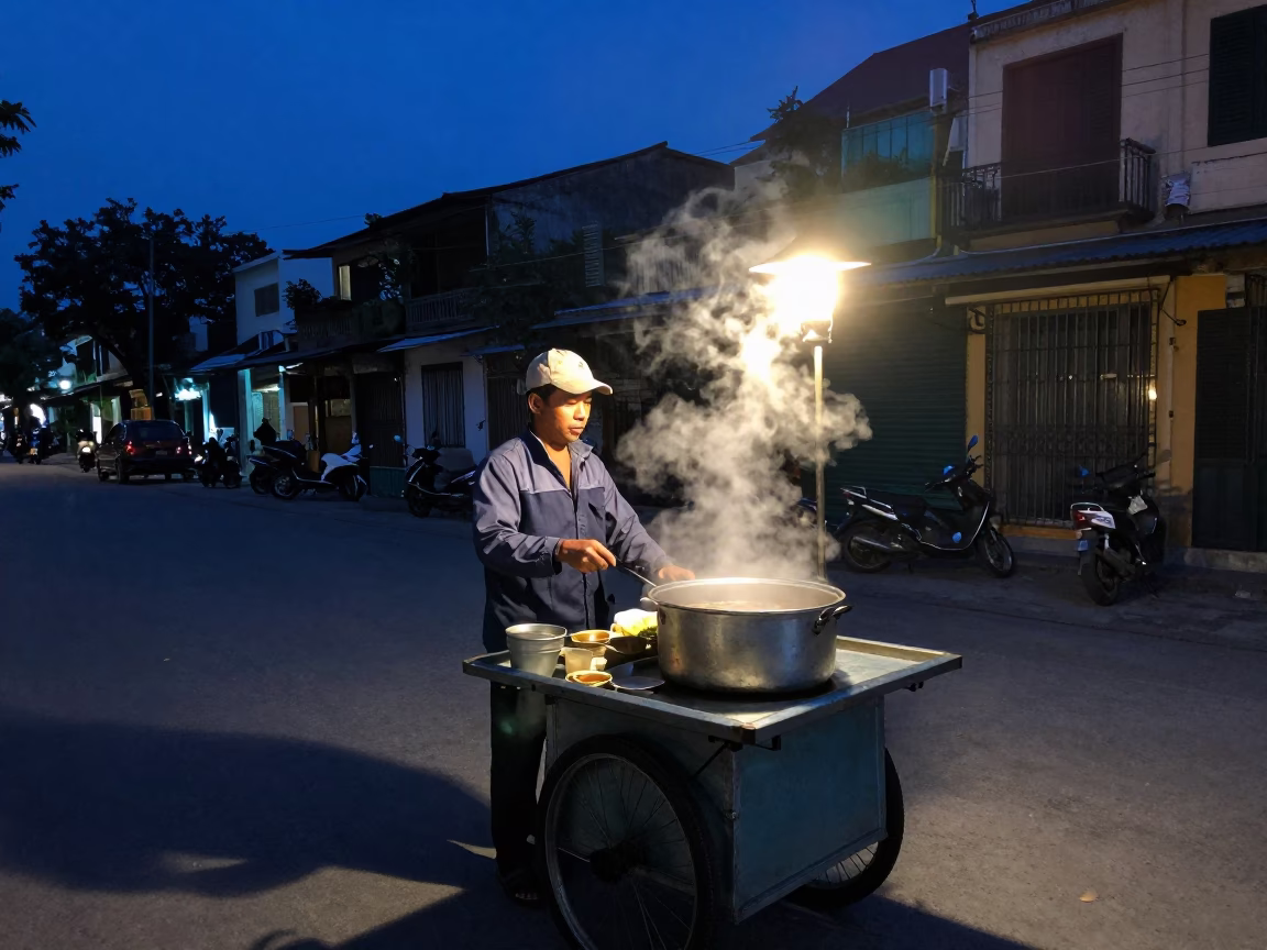 Nautical Dawn Light on Street Vendor in Hanoi in in Hanoi, Vietnam