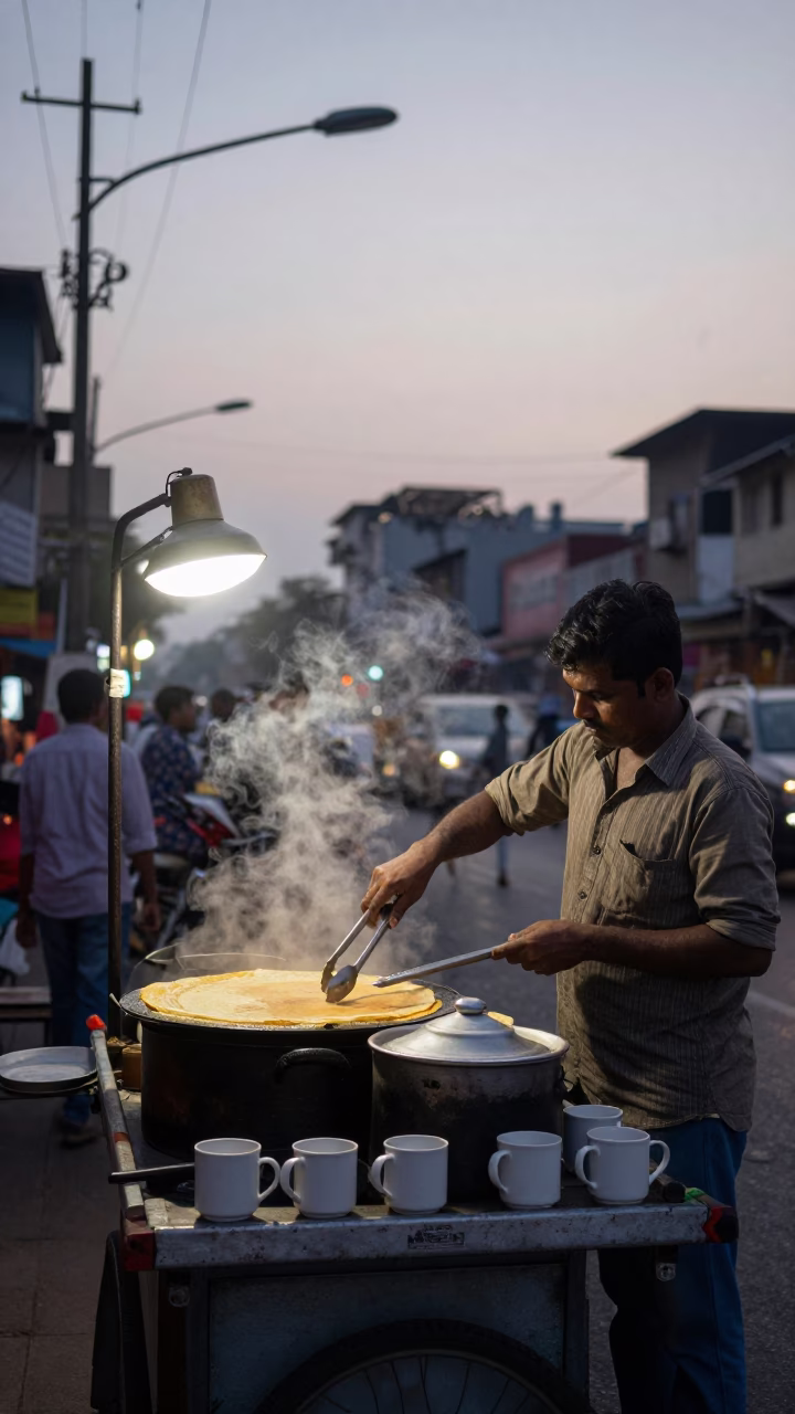 Nautical Dawn Light on Street Vendor in Mumbai in in Mumbai, India