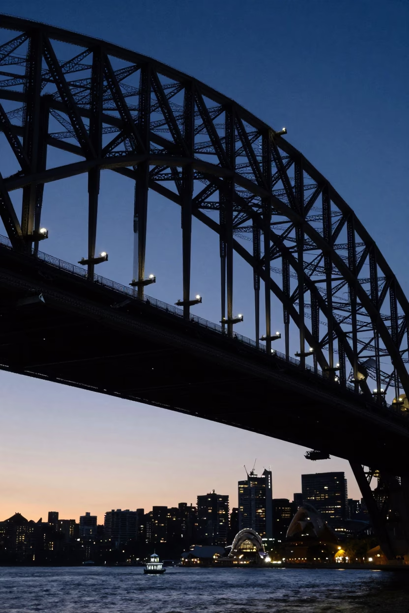 Nautical Dawn Light on Sydney Harbour Bridge Steel and Harbour Water in in Sydney, New South Wales, Australia