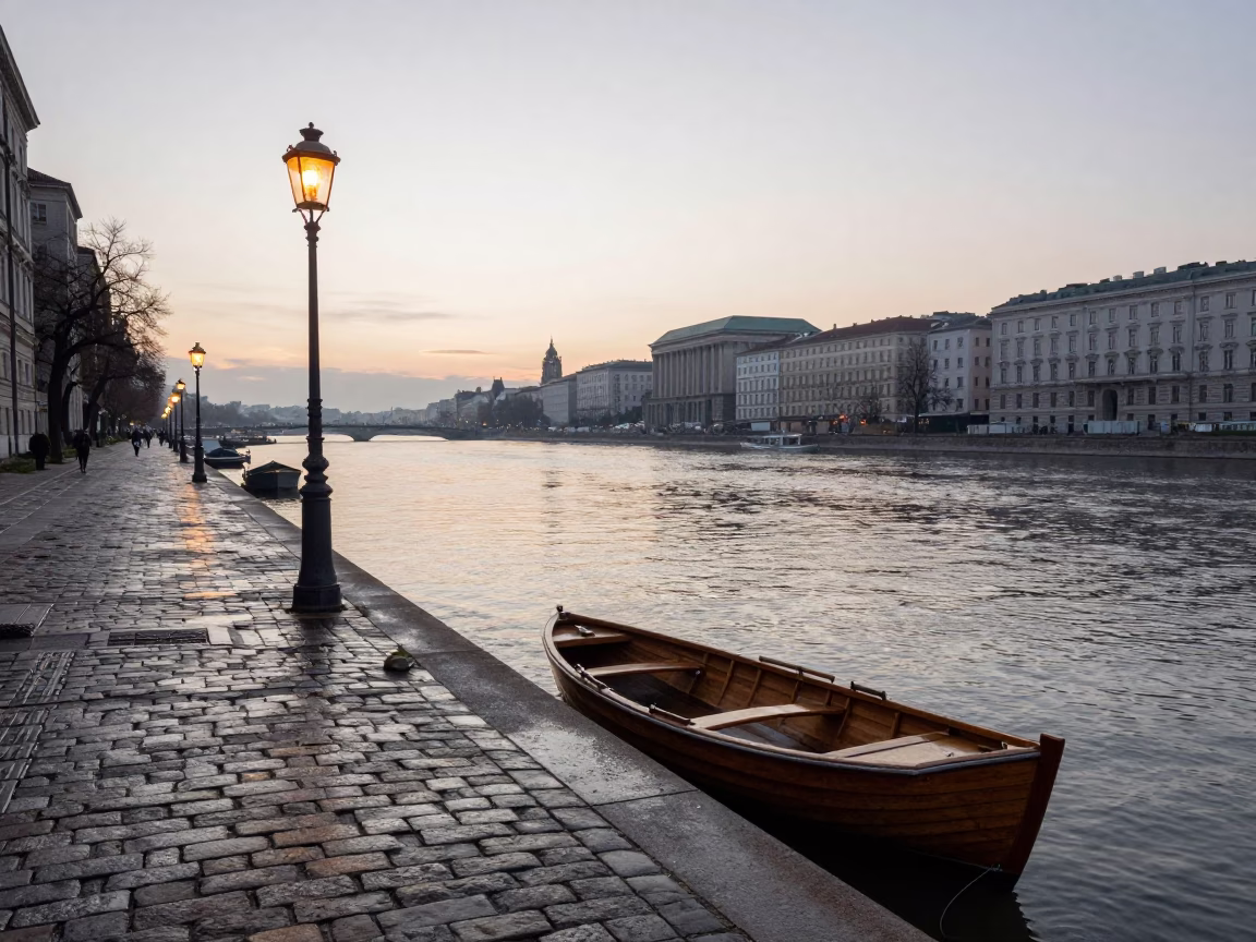 Nautical Dawn Light on the Danube Canal Vienna Austria Street Scene in in Vienna, Austria