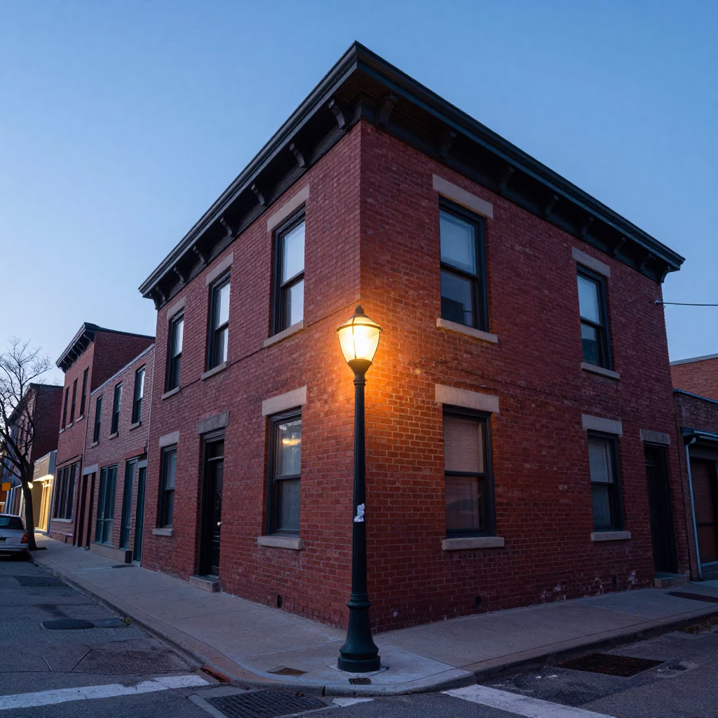 Nautical Dawn Light on Toronto Brick Street Corner with Ivy and Window Box in in Toronto, Ontario, Canada