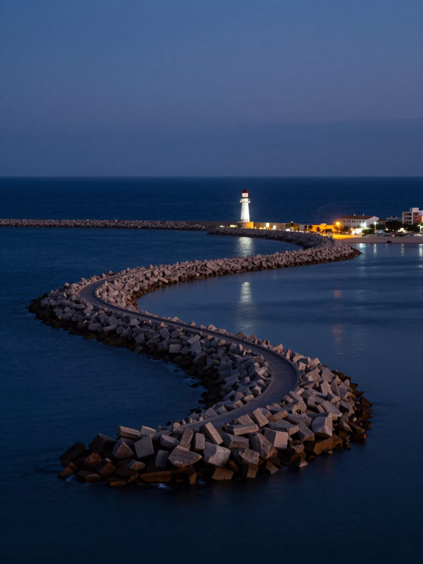 Nautical Dawn Light on Valencia Harbor Breakwater and Coastal Erosion in in Valencia, Spain