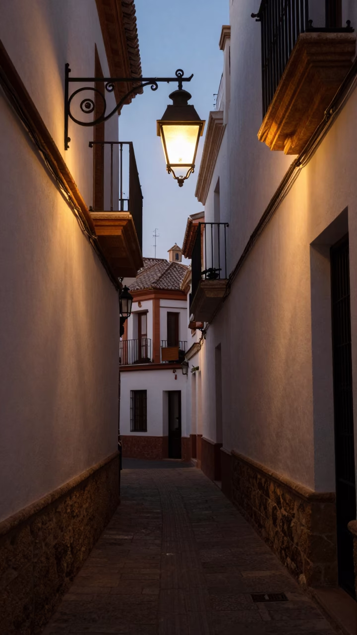 Nautical Dawn Light on Valencia Old Town Alley Lanterns and Ceramic Details in in Valencia, Spain