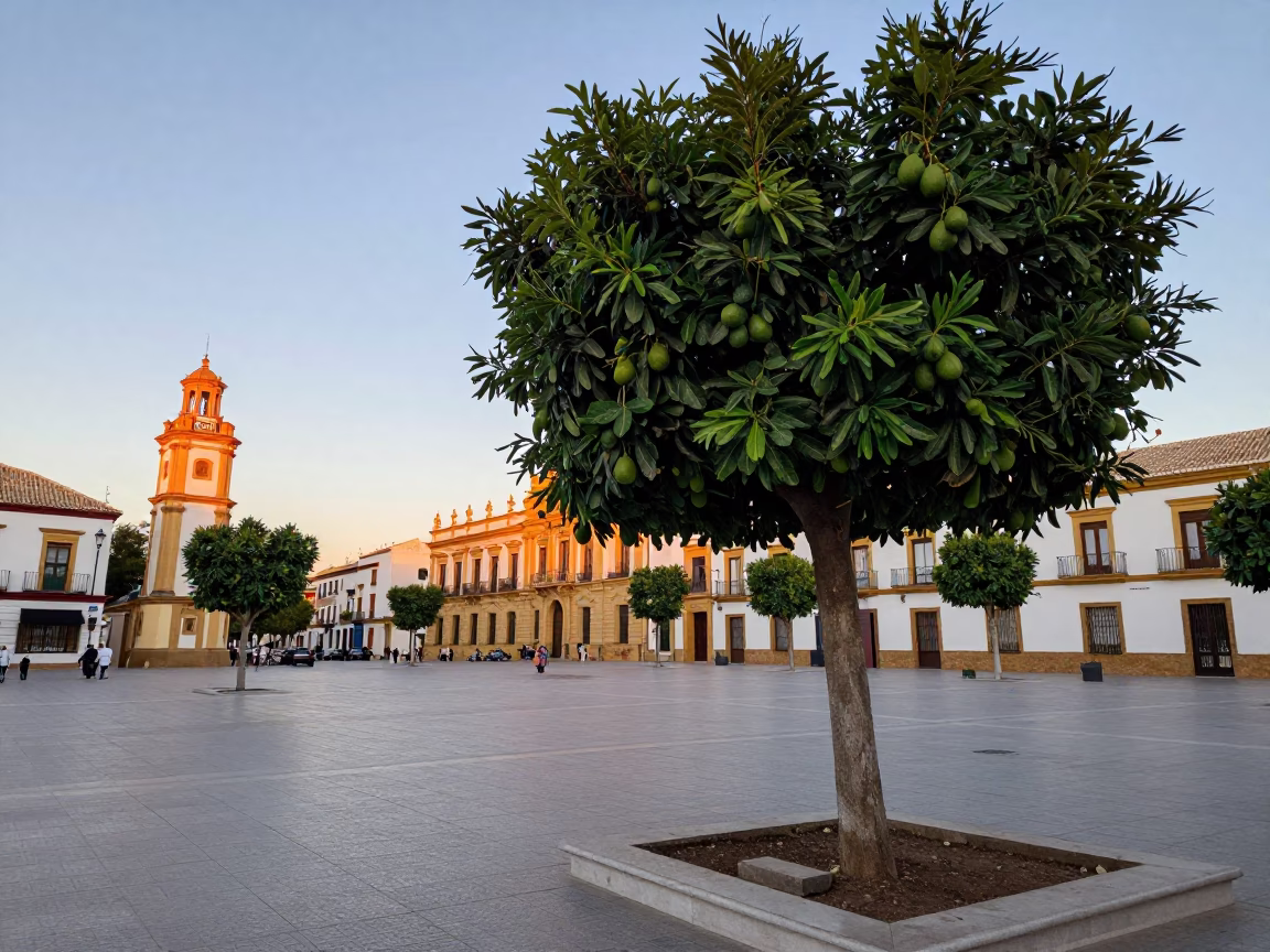 Nautical Dawn Light on Valencia Plaza with Avocado Tree and Blue Porcelain in in Valencia, Spain