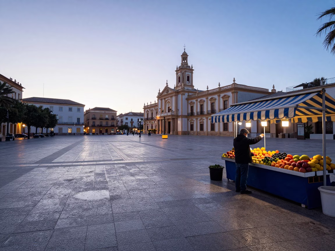Nautical Dawn Light on Valencia Plaza with Condensation on Fabric and Local Street Scene in in Valencia, Spain